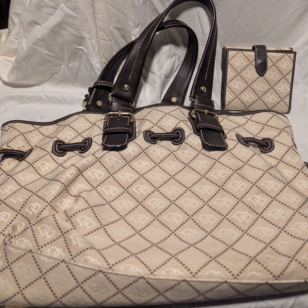 Dooney & Bourke Beige Tote with Dark Brown Trim and Matching Wallet